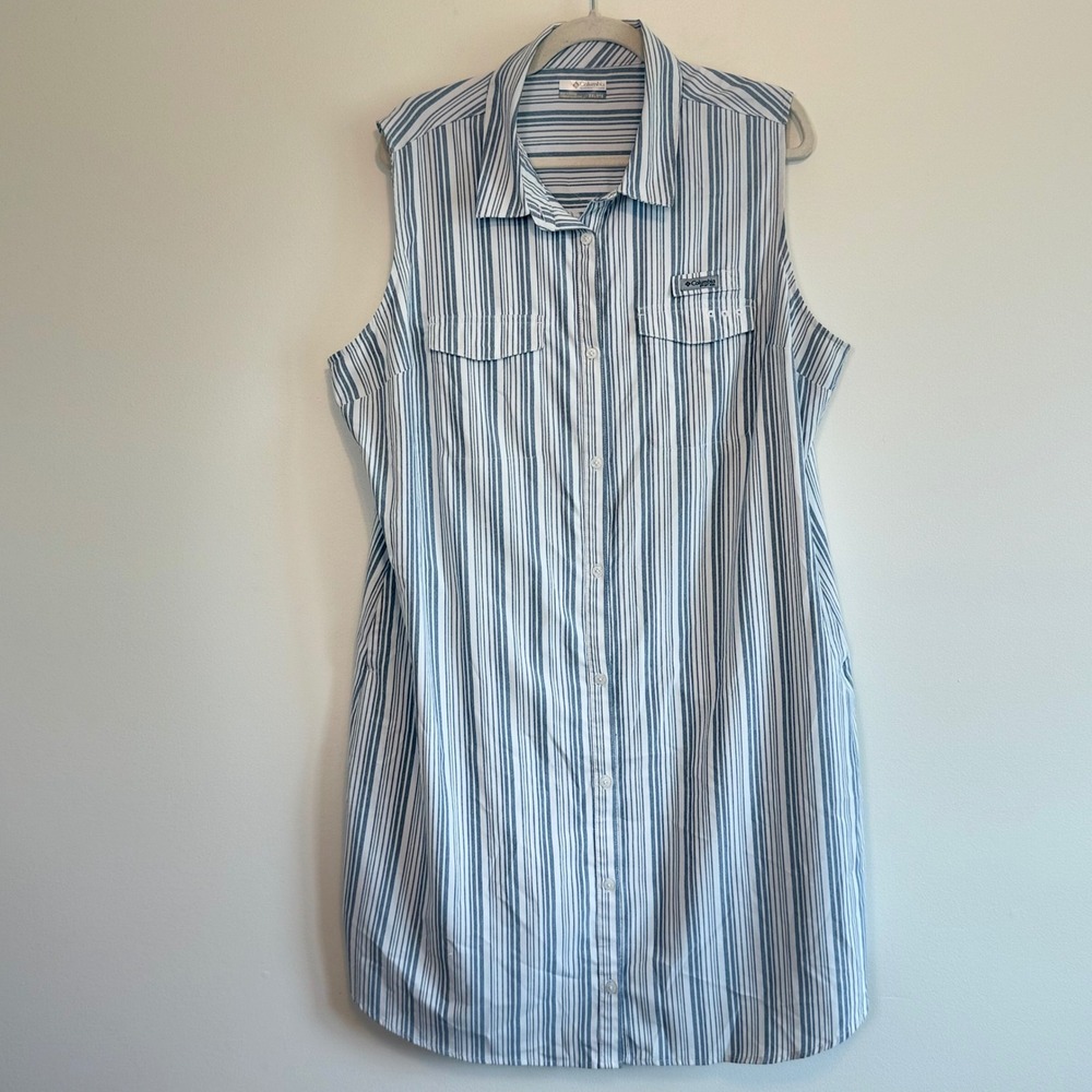 Columbia PFG Womens Blue White Striped Sleeveless Button Front Dress XXL FL6802